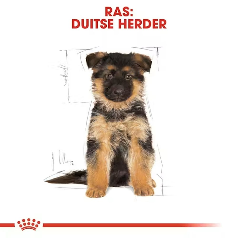 Royal Canin German Shepherd Puppy voerzak met een portret van een Duitse Herder puppy.
