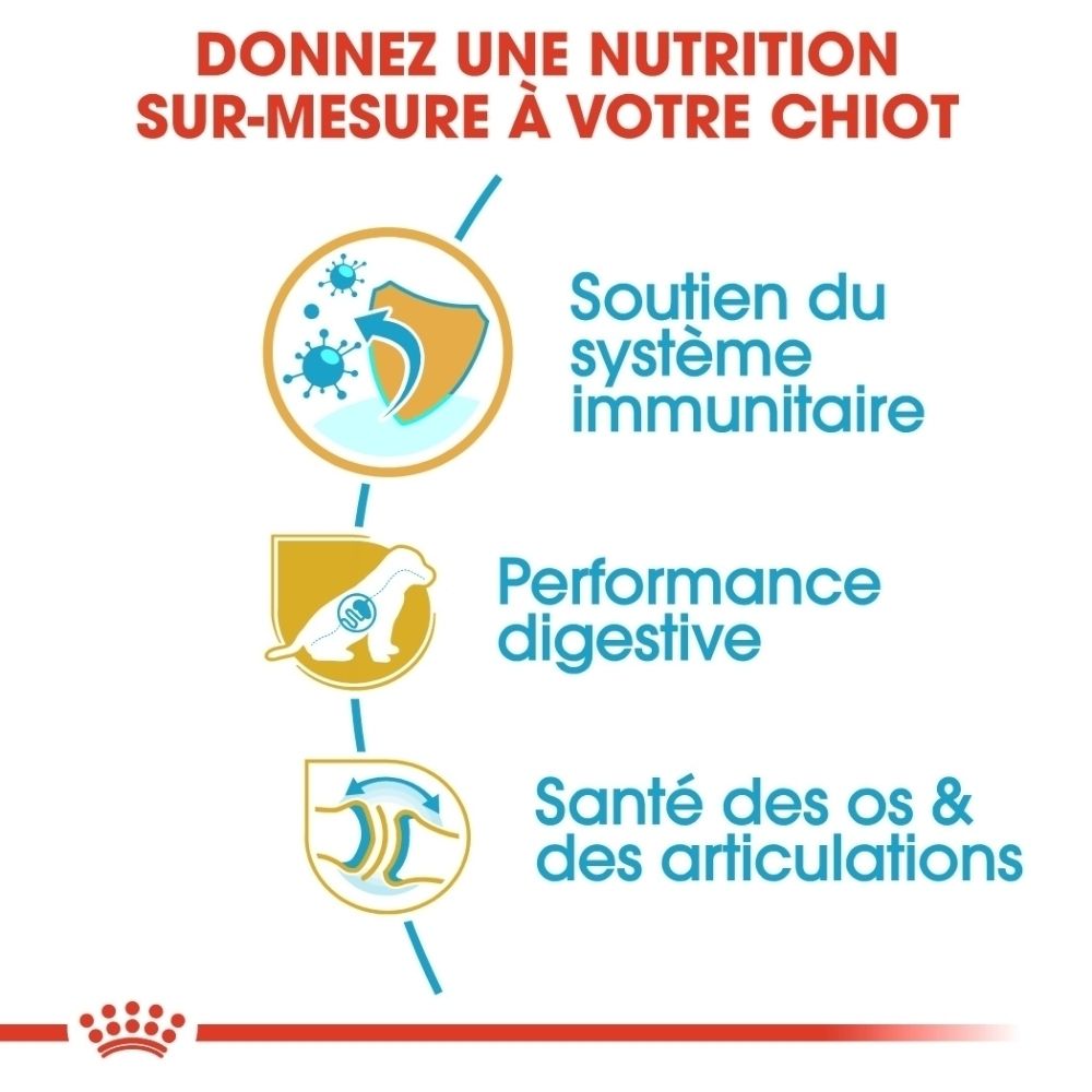 Sac Royal Canin German Shepherd Puppy avec informations sur la digestion et la santé des articulations.