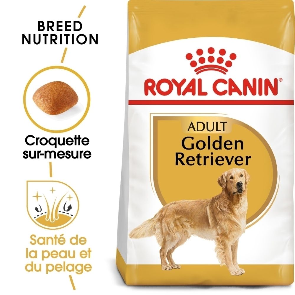 Nourriture Royal Canin pour Golden Retrievers adultes. Sac avec un chien, une croquette et un symbole peau/pelage.