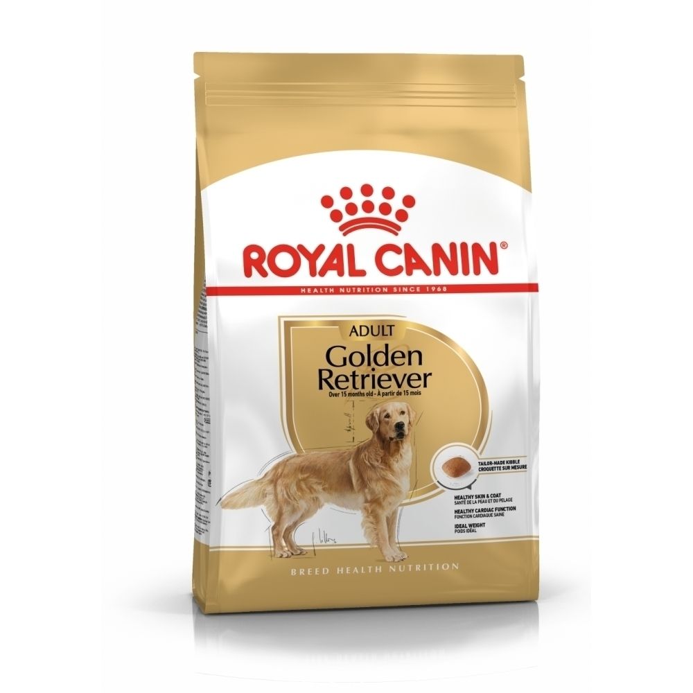 Sac de nourriture Royal Canin pour Golden Retriever adulte avec image d'un Golden Retriever.