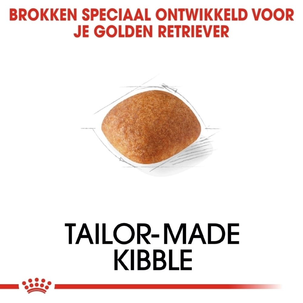 ROYAL CANIN Golden Retriever Adult: illustratie van gezonde huid en vacht, hartfunctie, ideaal gewicht.