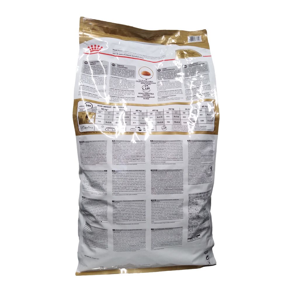 Achterkant van een 12kg zak Royal Canin Great Dane Adult hondenvoer met voedingswaarden en samenstelling.