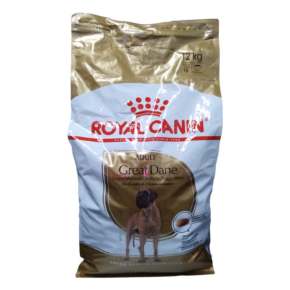 Voorkant van een 12kg zak Royal Canin Great Dane Adult hondenvoer met afbeelding van een Duitse Dog.