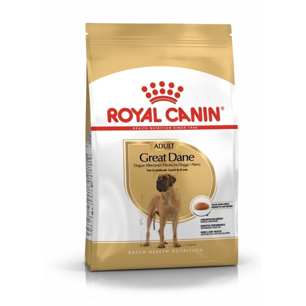 Face avant d'un emballage Royal Canin Great Dane Adult avec image d'un Dogue Allemand.