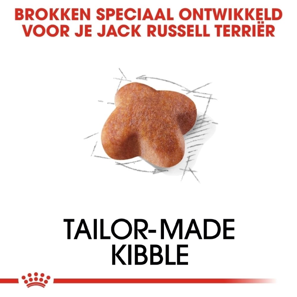 Een enkele, bruine hondenkibble in stervorm, met technische tekeningen eronder.