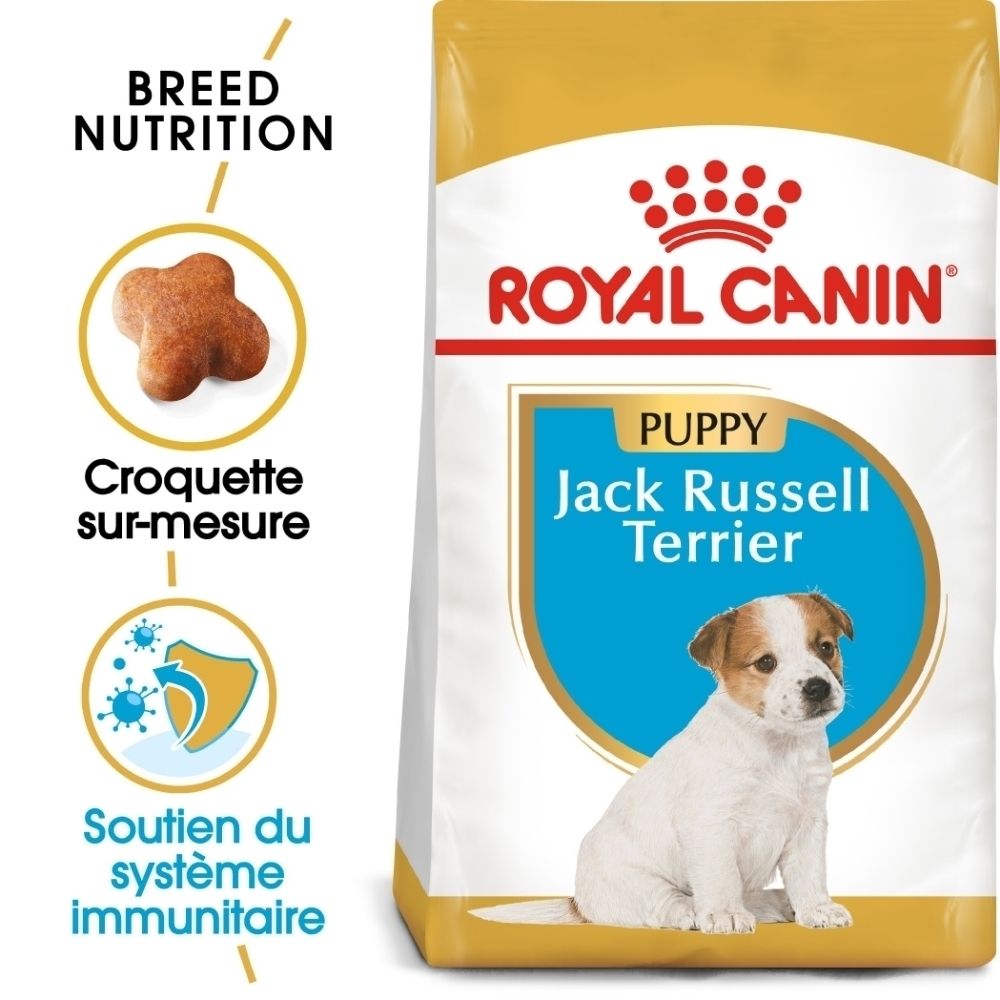 Avant du sac de nourriture pour chiot Royal Canin Jack Russell Terrier avec image d'un chiot et caractéristiques du produit.