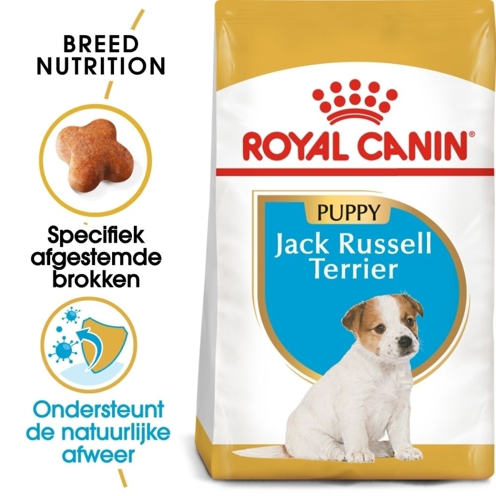Voorkant van de Royal Canin Jack Russell Terrier Puppy hondenvoer verpakking met afbeelding van een puppy en productkenmerken.