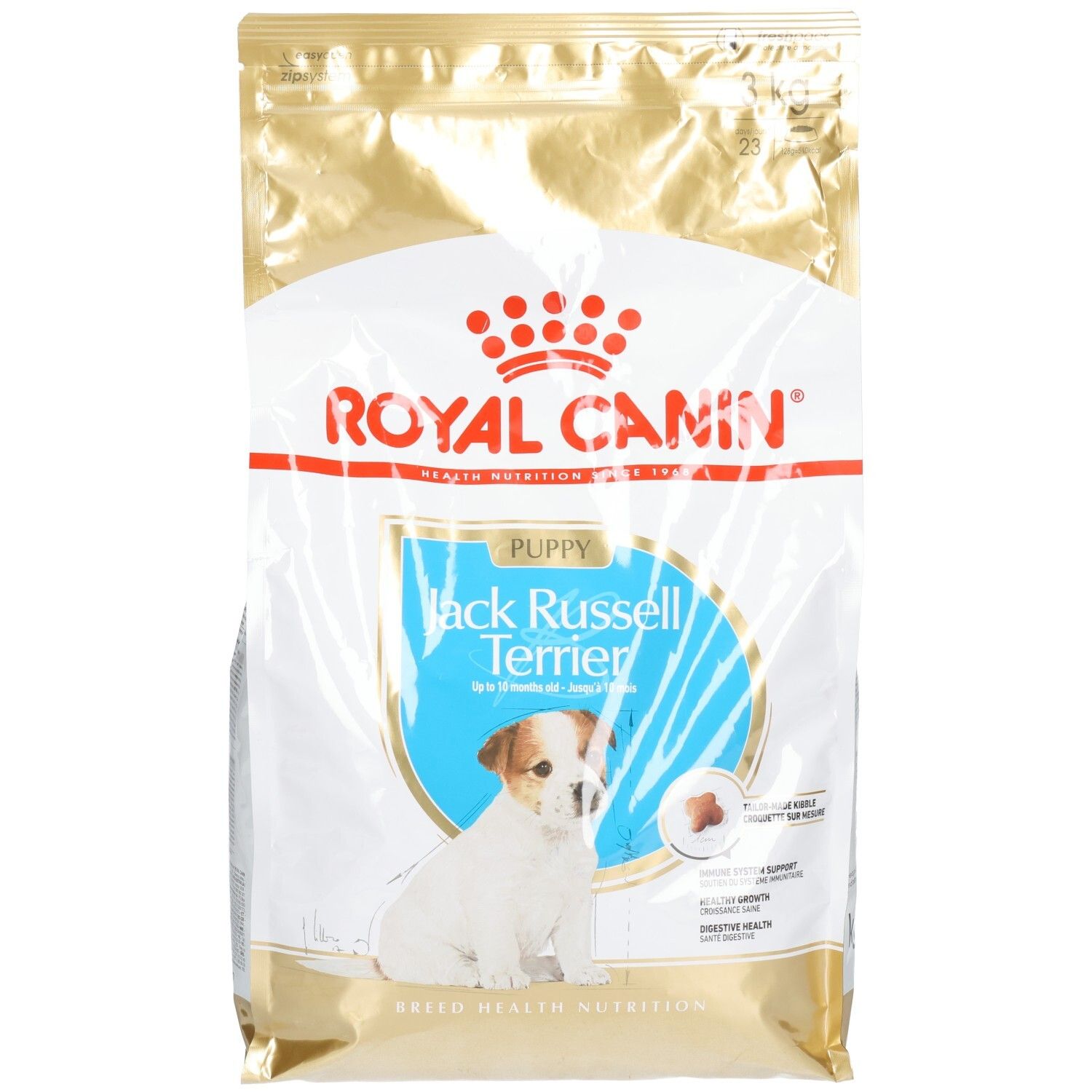 Sac de nourriture Royal Canin Jack Russell Terrier Puppy, 3kg, avec image de chiot et informations produit.