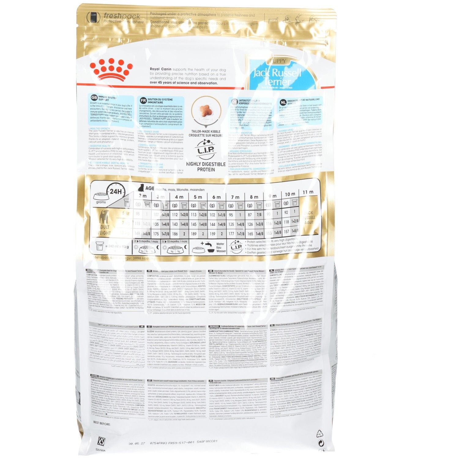 Arrière du sac de nourriture Royal Canin Jack Russell Terrier Puppy avec tableau d'alimentation et informations détaillées.