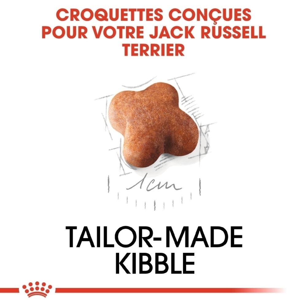 Avant du sac de nourriture pour chiot Royal Canin Jack Russell Terrier avec image d'un chiot et caractéristiques du produit.