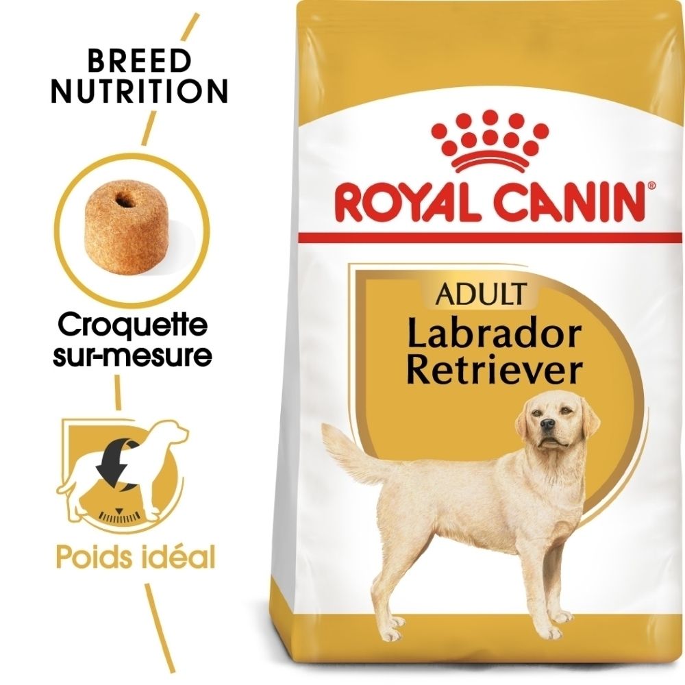Sac de nourriture pour chien Royal Canin Labrador Retriever Adulte avec illustration d'un Labrador.