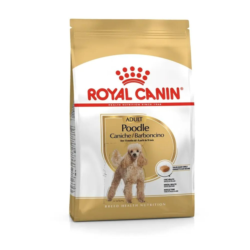 Zak Royal Canin Poodle hondenvoer voor volwassen honden met afbeelding van poedel en productinfo.