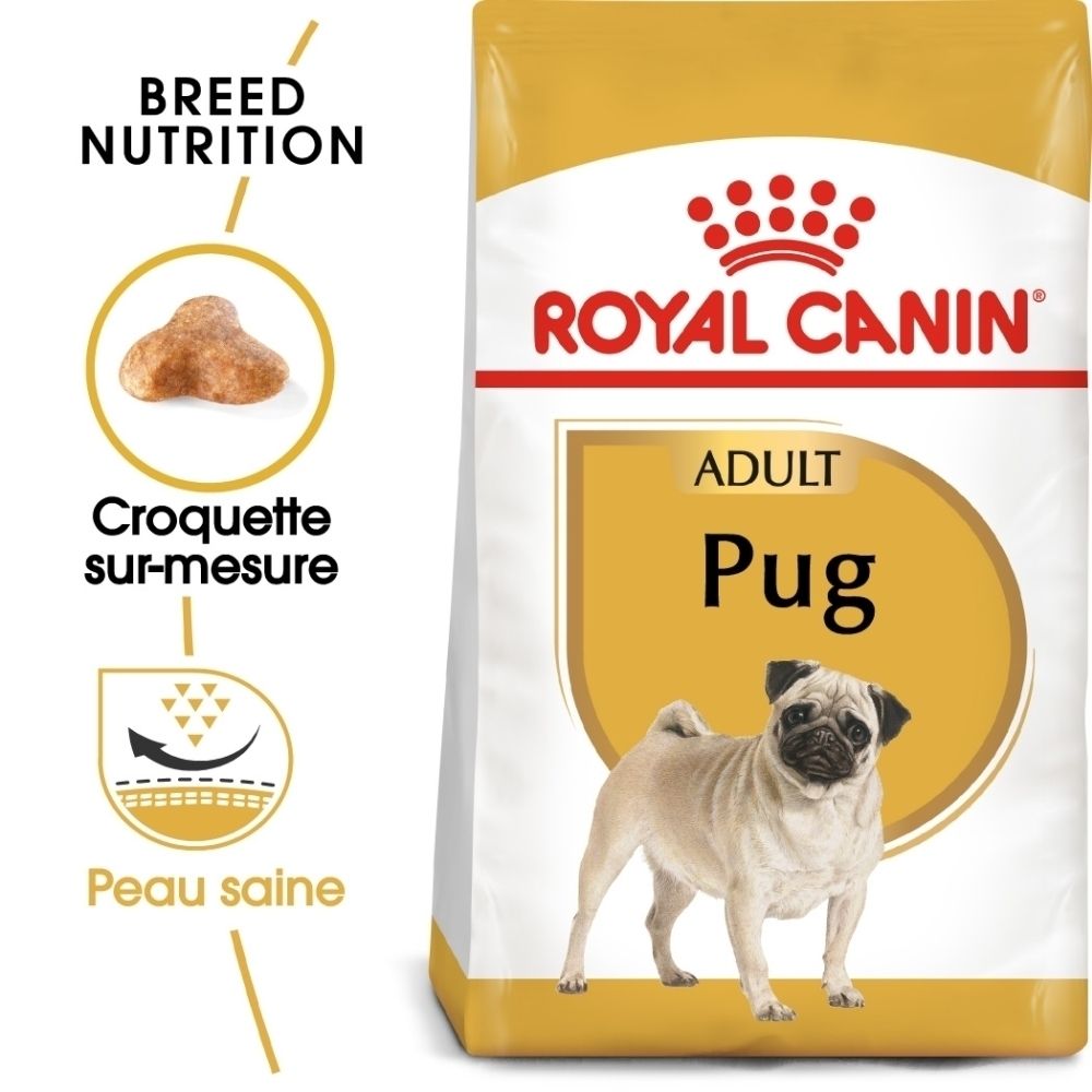 Sac ROYAL CANIN Pug Adult avec illustration d'un carlin et texte 'Breed Nutrition'.