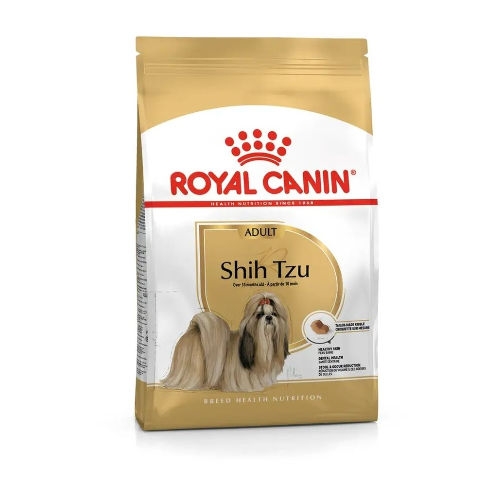 Royal Canin Shih Tzu Adult hondenvoer zak met afbeelding van hond en productinformatie.