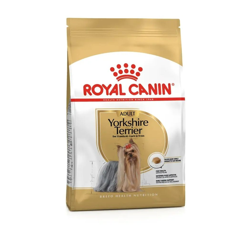 Royal Canin Yorkshire Terrier Adult hondenvoerzak met afbeelding van een Yorkshire Terriër.