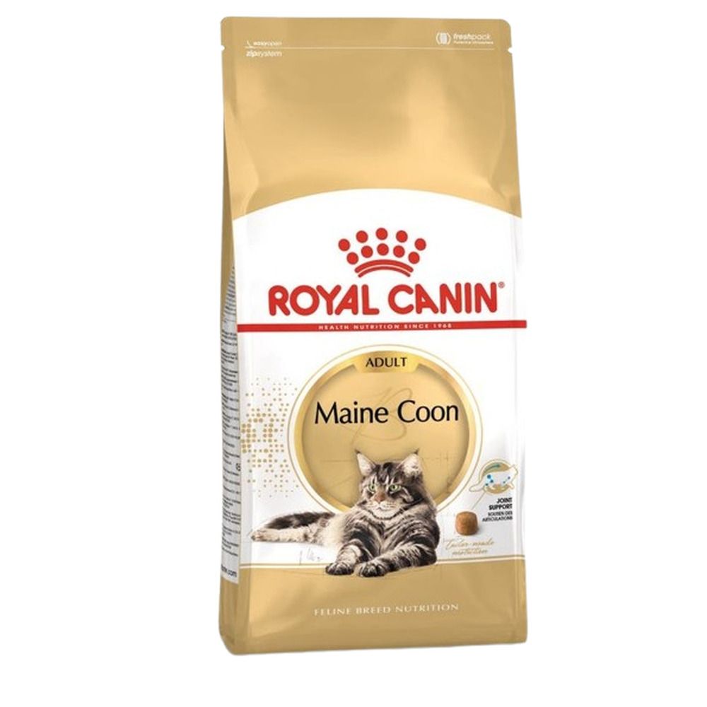 Royal Canin Maine Coon Adult kattenvoer verpakking met kattenafbeelding en productinformatie.