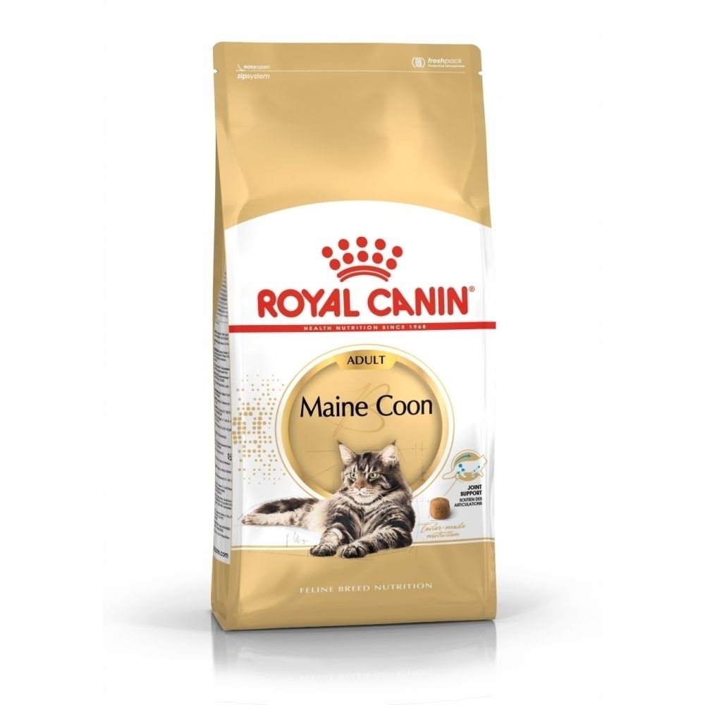 Sac doré Royal Canin Maine Coon Adult nourriture pour chat avec image de chat.