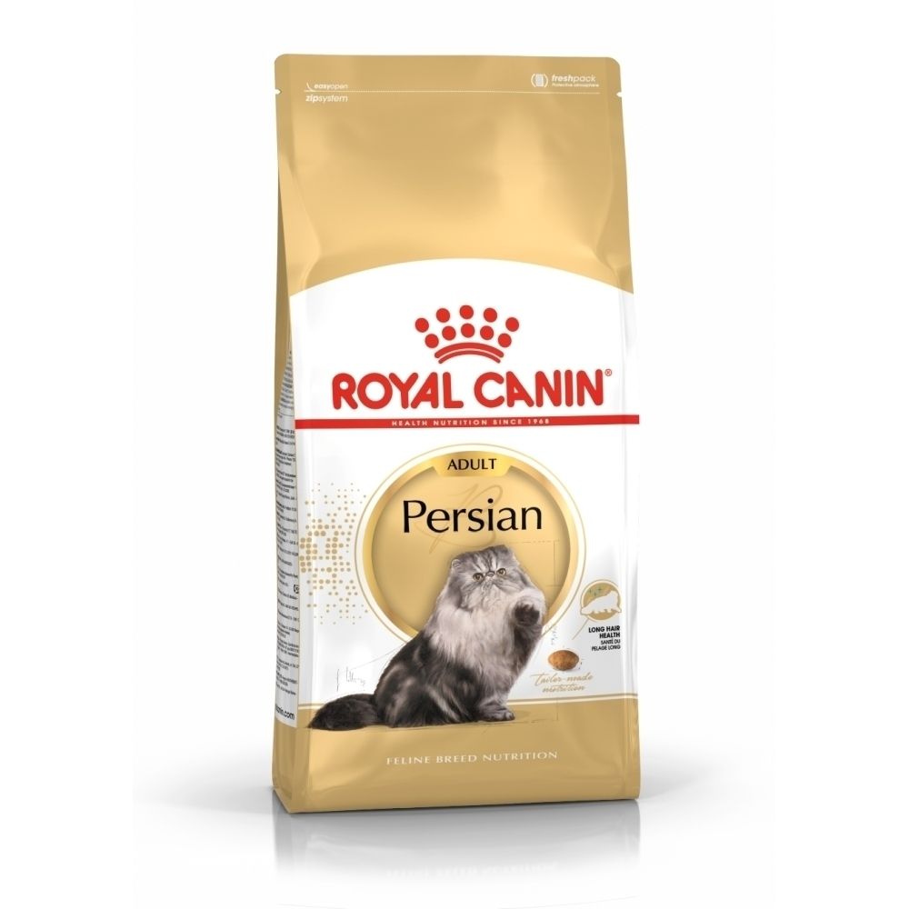 Gouden verpakking voor Royal Canin Persian Adult kattenvoer met kattenafbeelding.