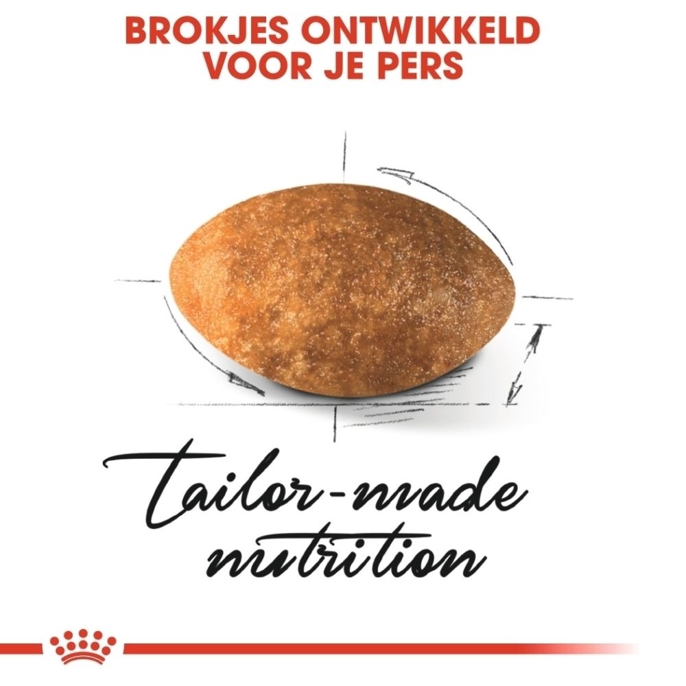 Een enkele bruine brokje voer met schematische weergave en tekst.