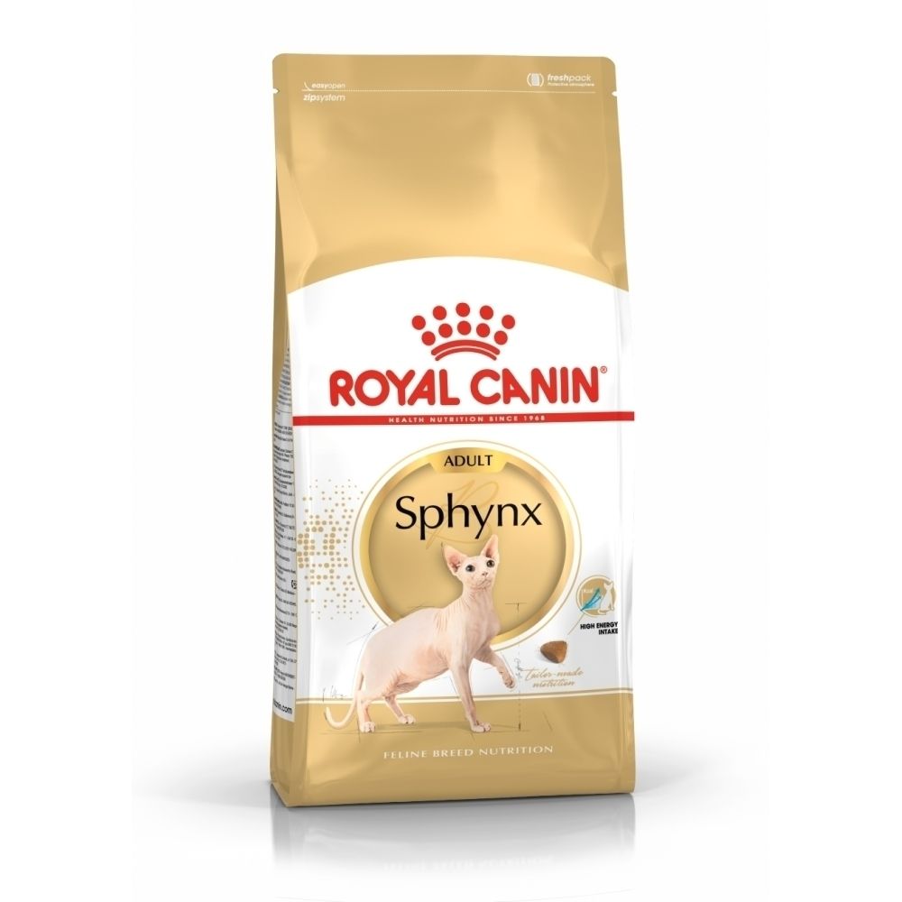 Sac de 10kg de croquettes Royal Canin Sphynx Adult avec un chat Sphynx et des informations produit.