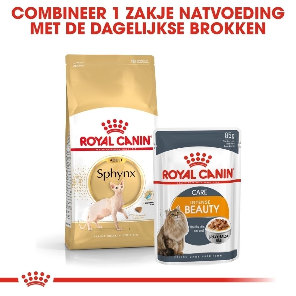 Royal Canin Sphynx droogvoer en 'Intense Beauty' natvoer voor katten.