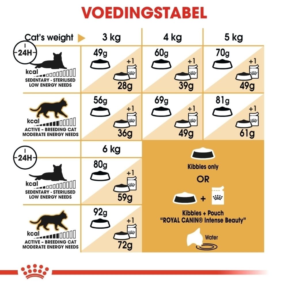 Voedingstabel Royal Canin Sphynx voor katten op basis van gewicht en activiteitsniveau.