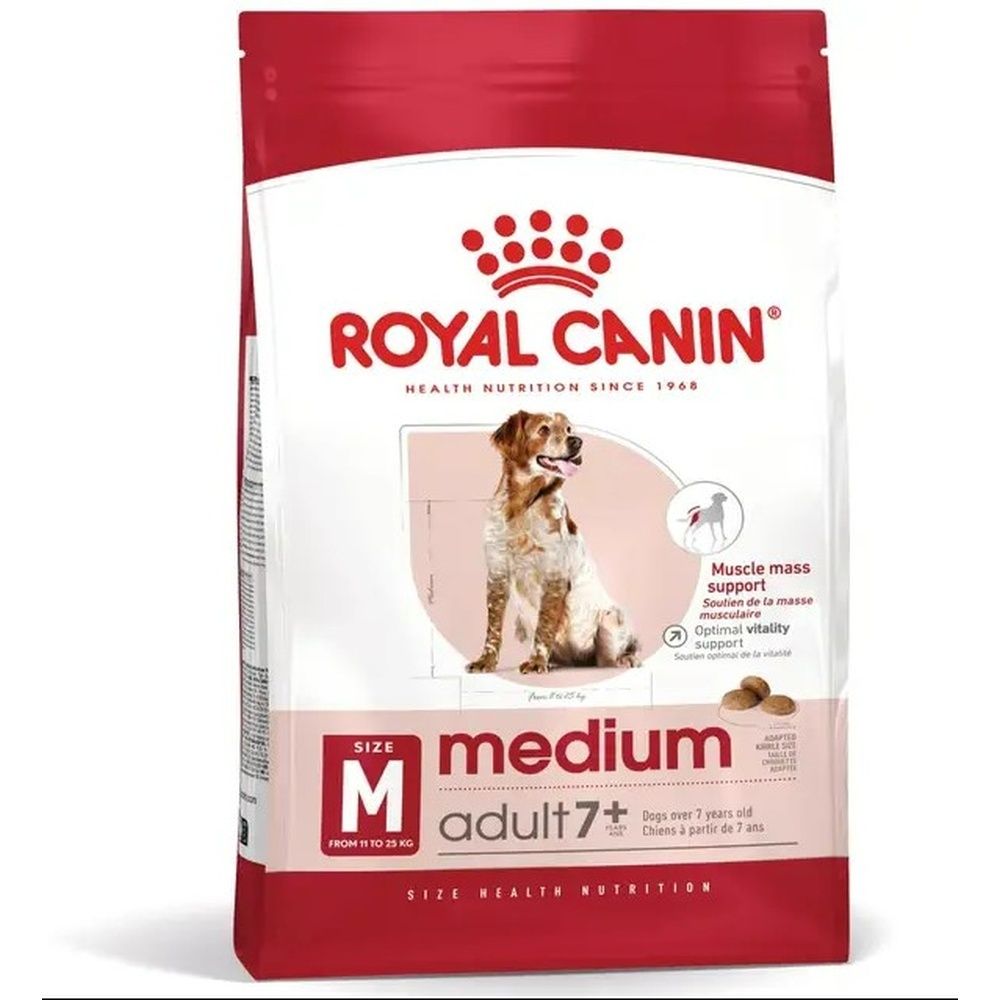 Voorkant Royal Canin Medium Adult 7+ voerzak, maat M, voor honden van 11 tot 25 kg.