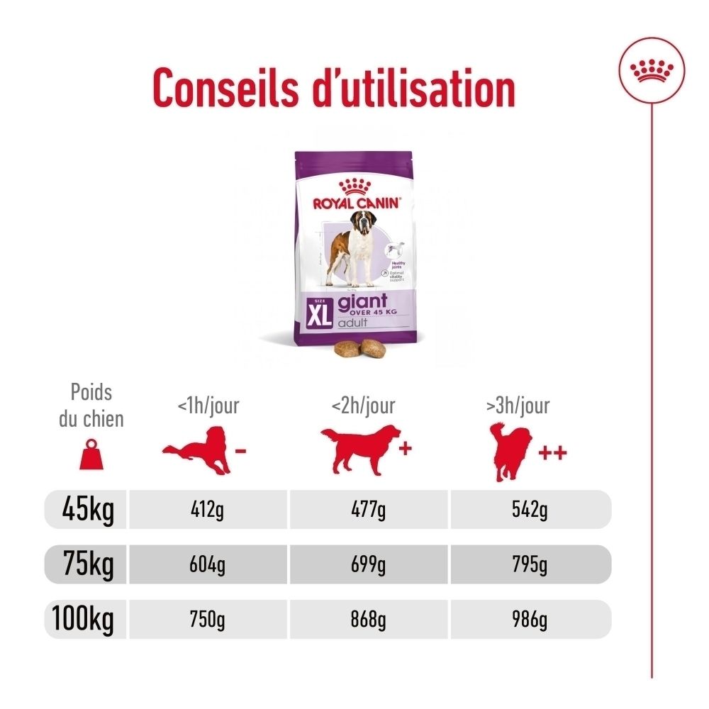 Tableau de rationnement Royal Canin XL Giant pour chiens de 45kg à 100kg, selon le niveau d'activité.