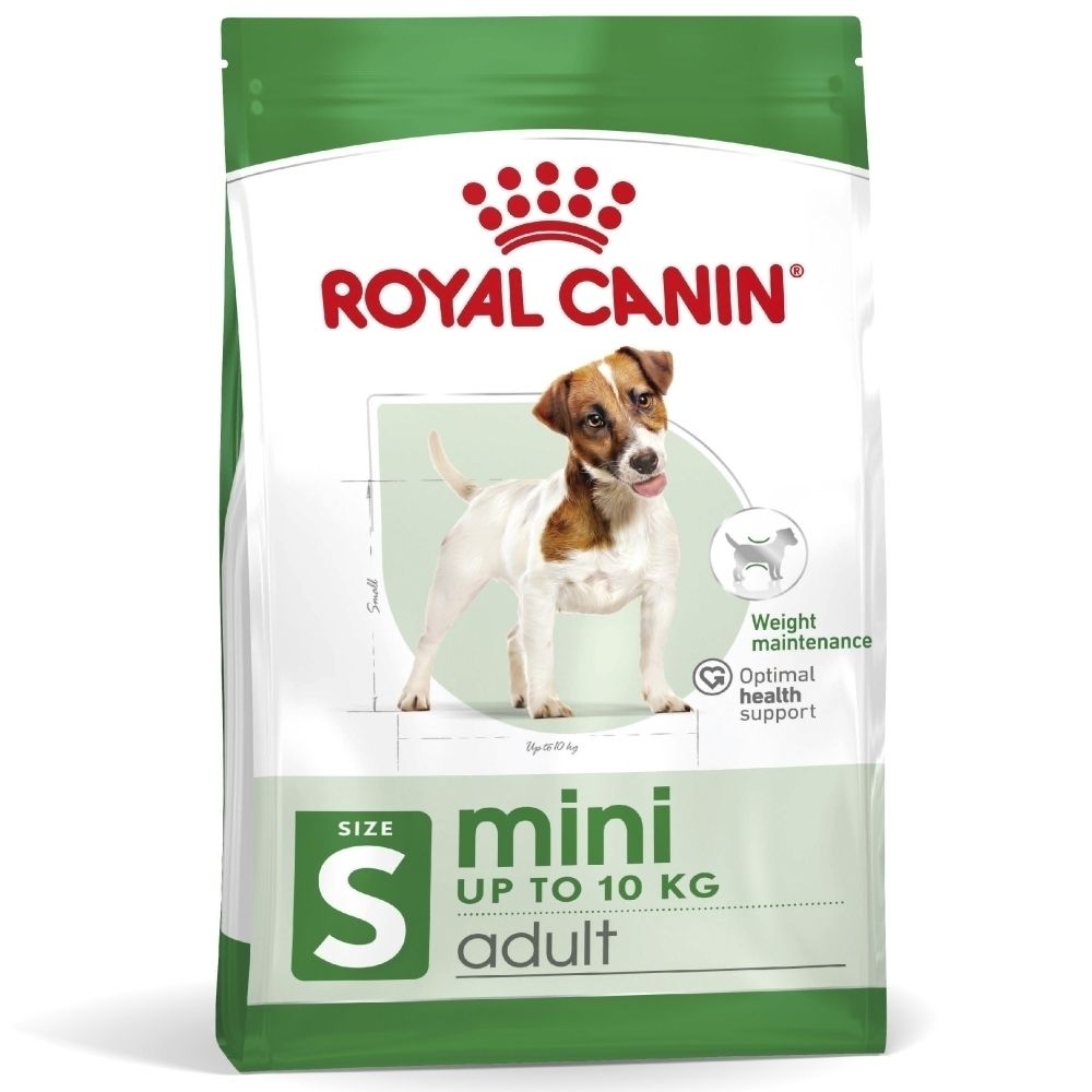 Sac de nourriture ROYAL CANIN Mini Adult pour chien, avec un Jack Russell Terrier. Taille S, jusqu'à 10 kg.