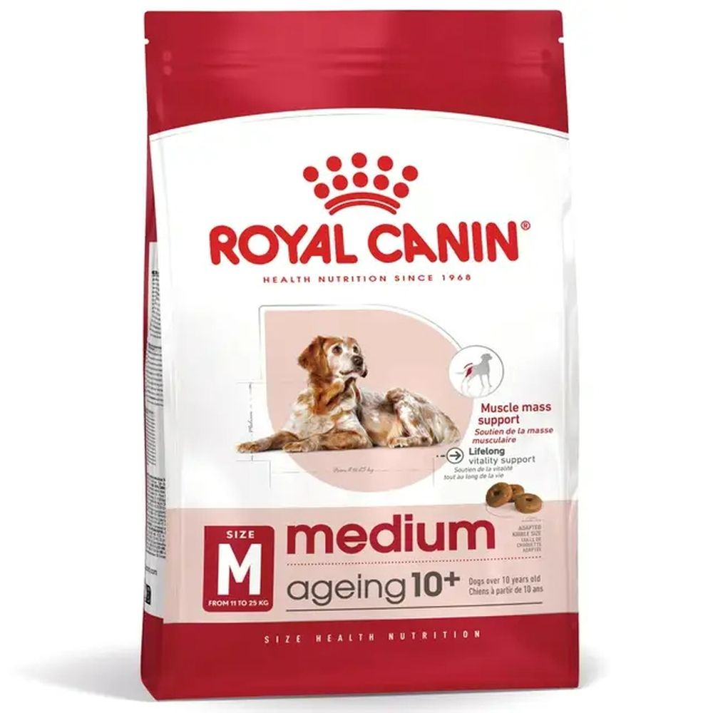 Royal Canin Medium Ageing 10+ hondenvoerzak met afbeelding van een hond en productinformatie.