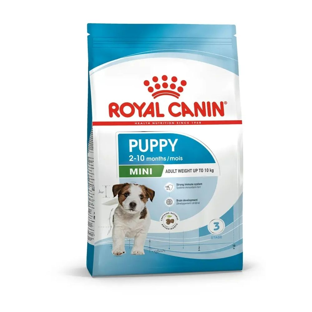 Royal Canin Puppy Mini hondenvoerzak met puppyfoto en productinformatie.