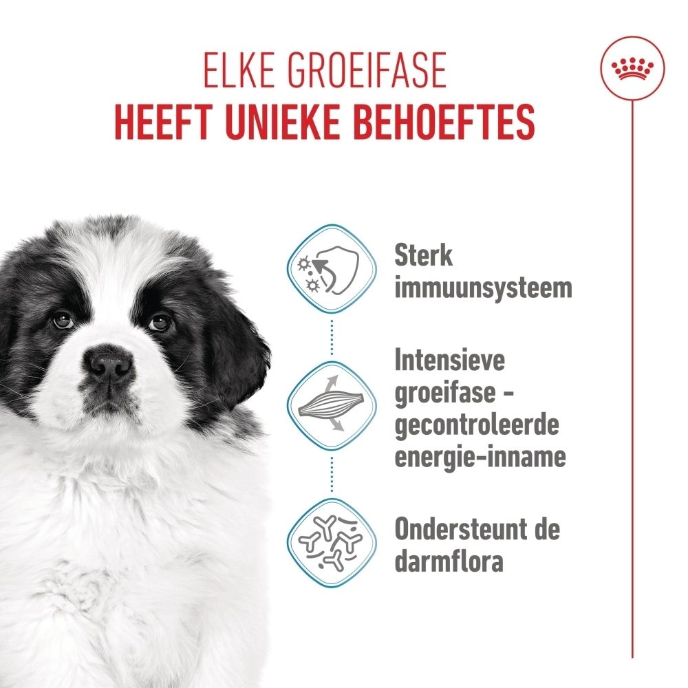 Royal Canin Puppy Giant hondenvoer. Blauwe verpakking met puppy. Bevat informatie over gewicht en voeding.