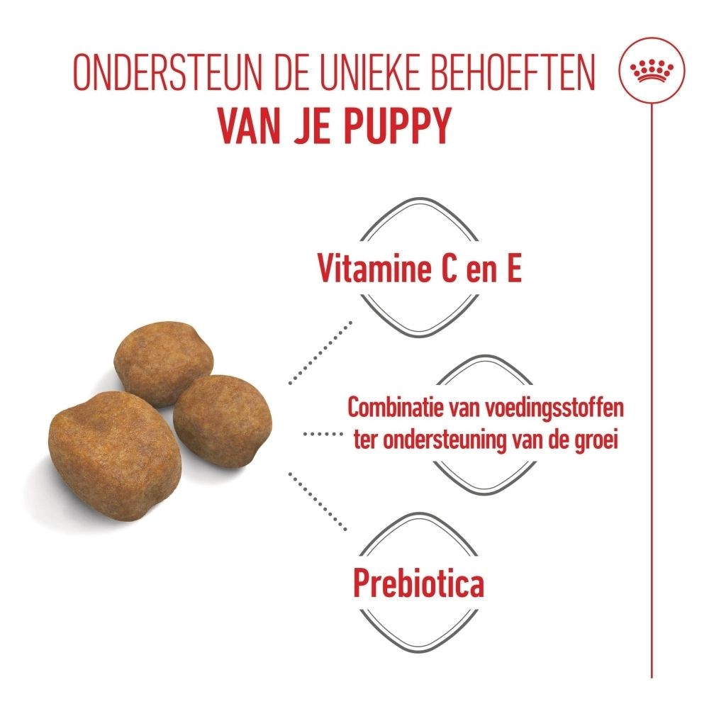 Royal Canin Puppy Giant: Vitamine C en E, combinatie van voedingsstoffen voor groei, prebiotica.