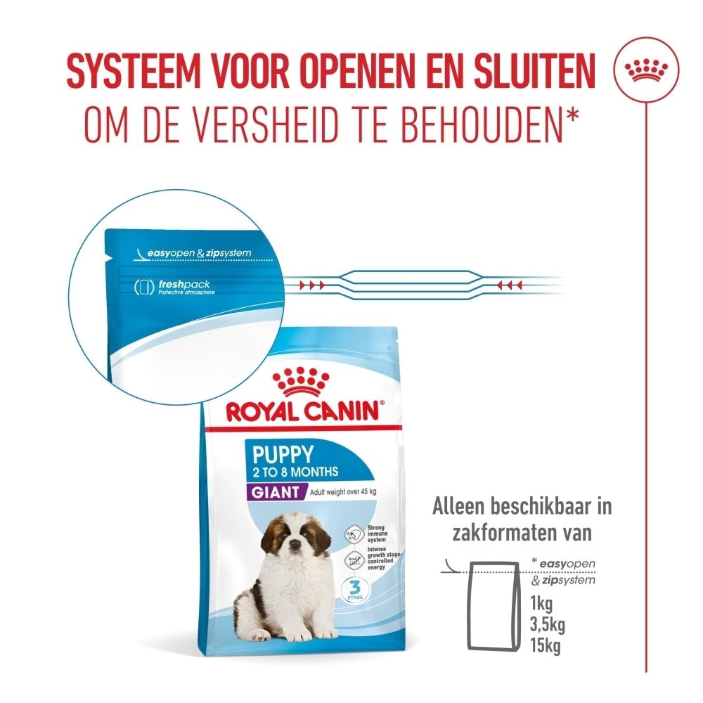 Afbeelding van hondenbrokken naast een voerbak. Tekst: Optimaal geproportioneerde brokken. Schaal 1 cm.