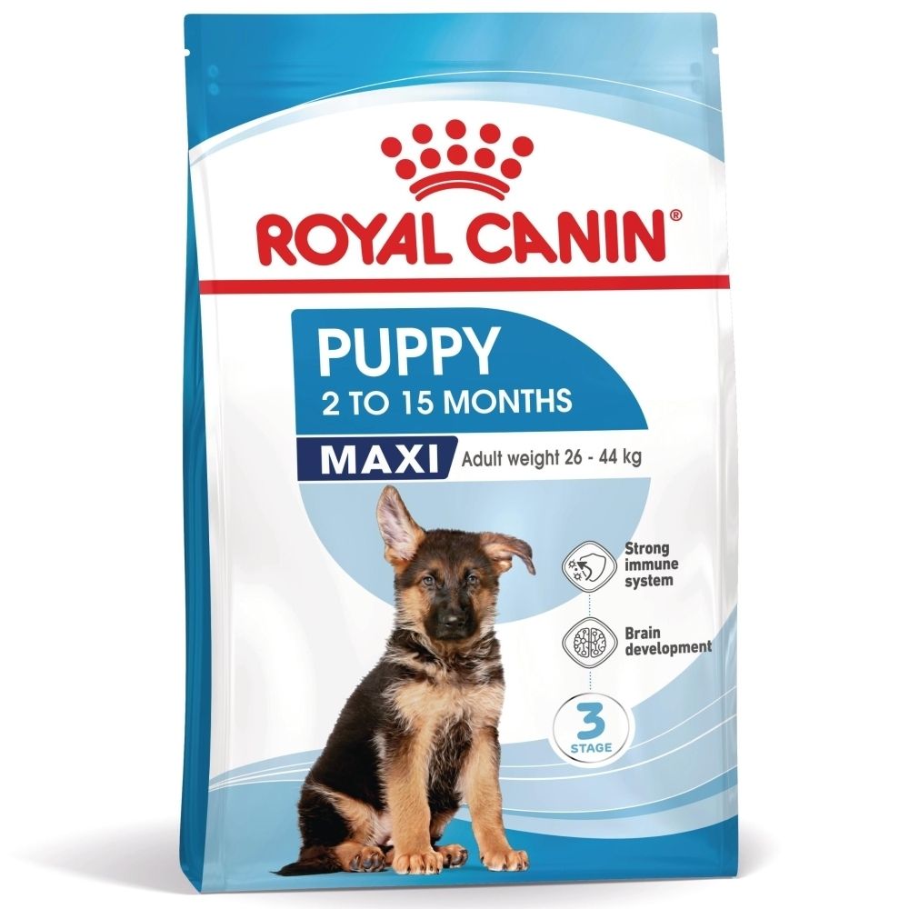 Sac ROYAL CANIN® Maxi Puppy. Inscription : Puppy, Maxi, 2-15 mois. Image d'un chiot. Emballage bleu et blanc.