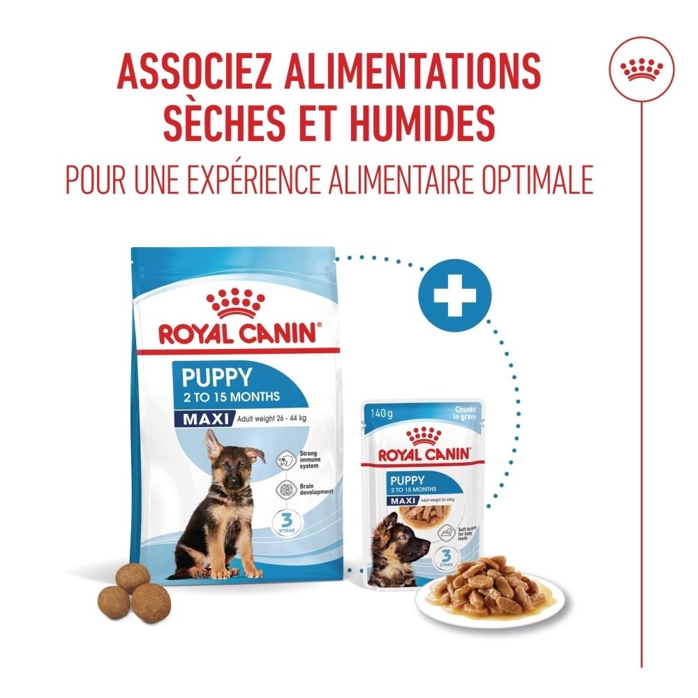 Sac ROYAL CANIN® Puppy. Inscription : Puppy, Maxi, 2-15 mois. Image d'un chiot. Emballage bleu et blanc.