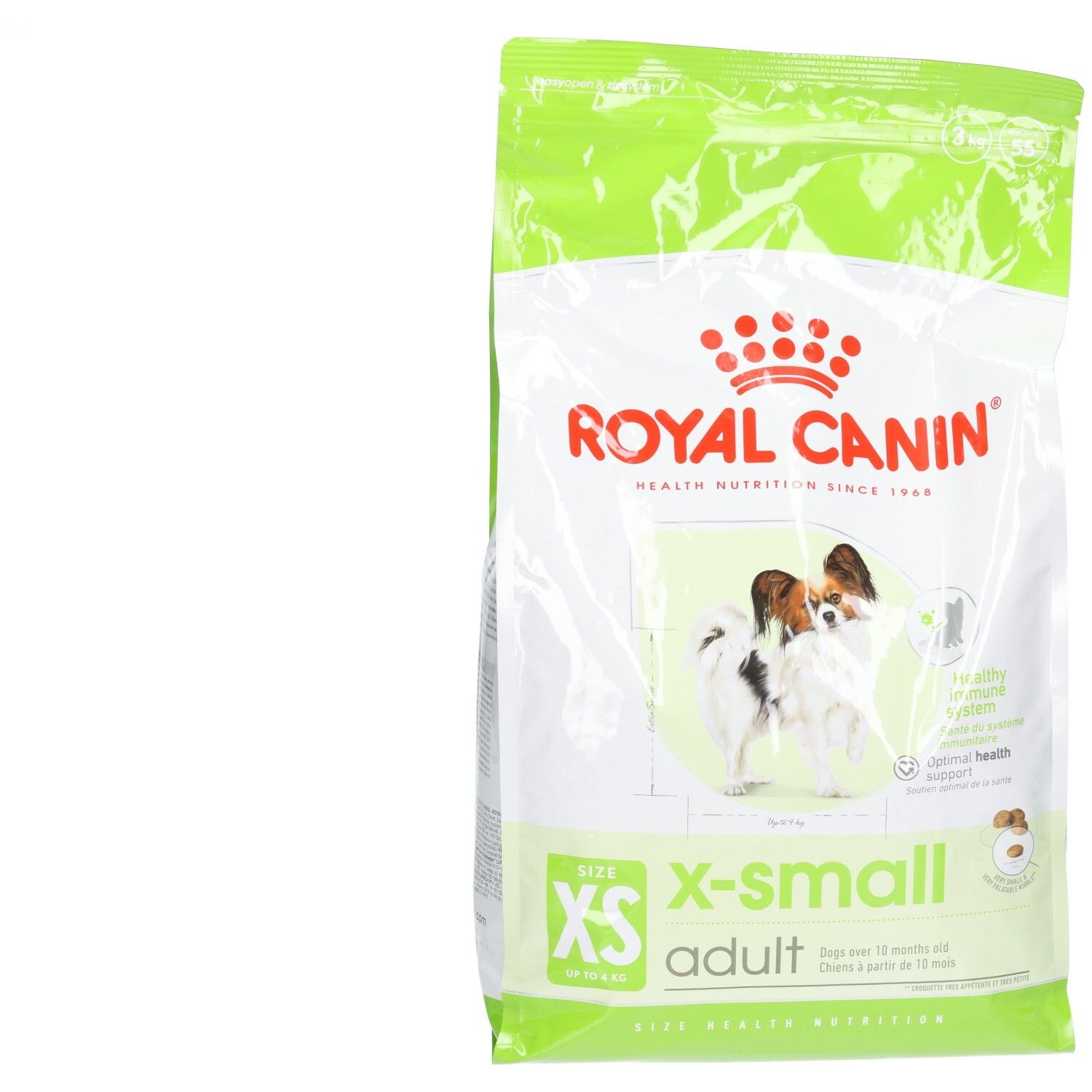 Royal Canin X-Small Adult hondenvoer verpakking met afbeelding van twee kleine honden en productinformatie.