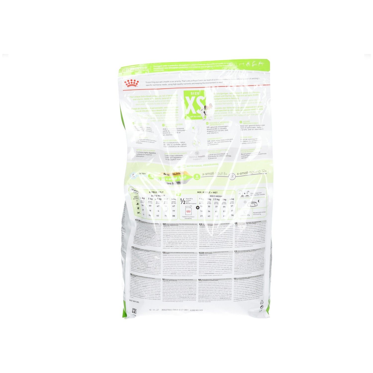 Achterkant van een Royal Canin X-Small Adult hondenvoer verpakking met gedetailleerde voedingstabellen en productinformatie.