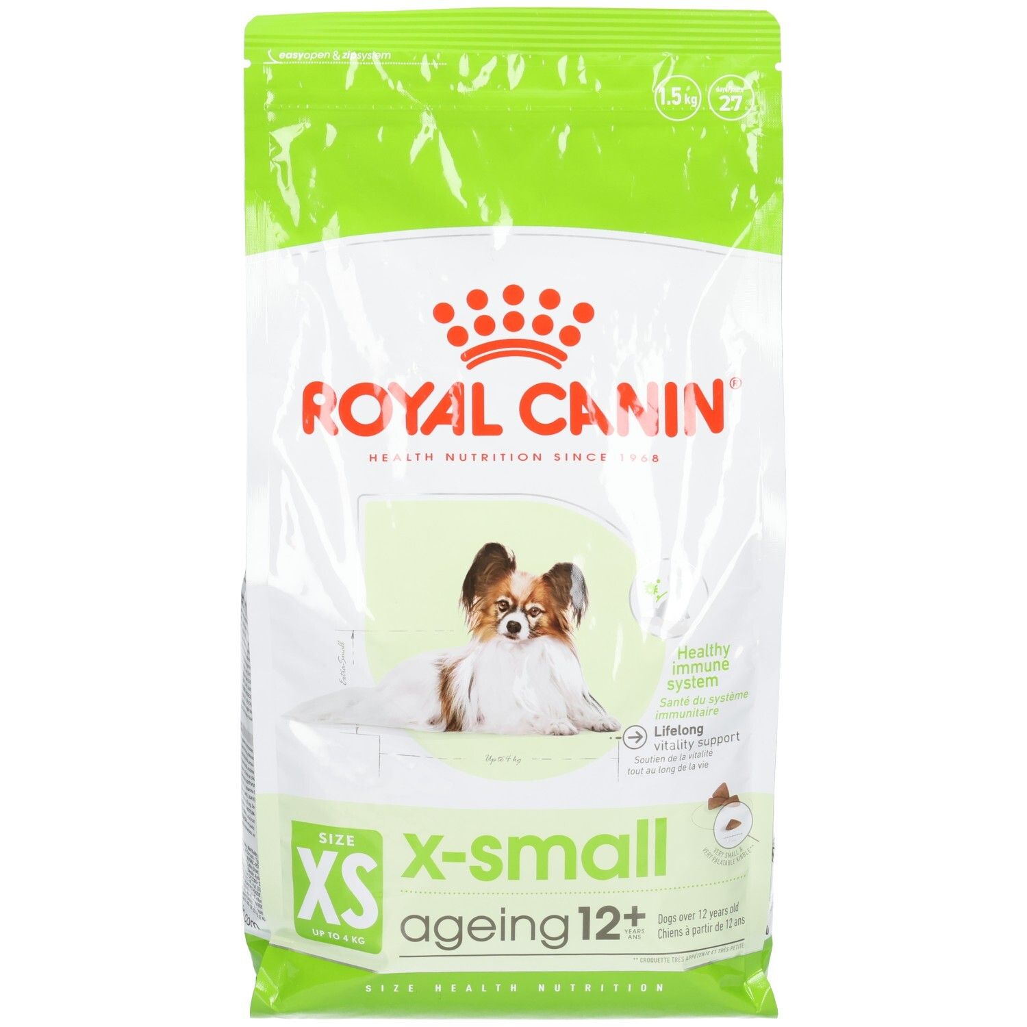Royal Canin X-SMALL AGEING 12+ hondenvoer zak. Vooraanzicht met hondenafbeelding en productinformatie.
