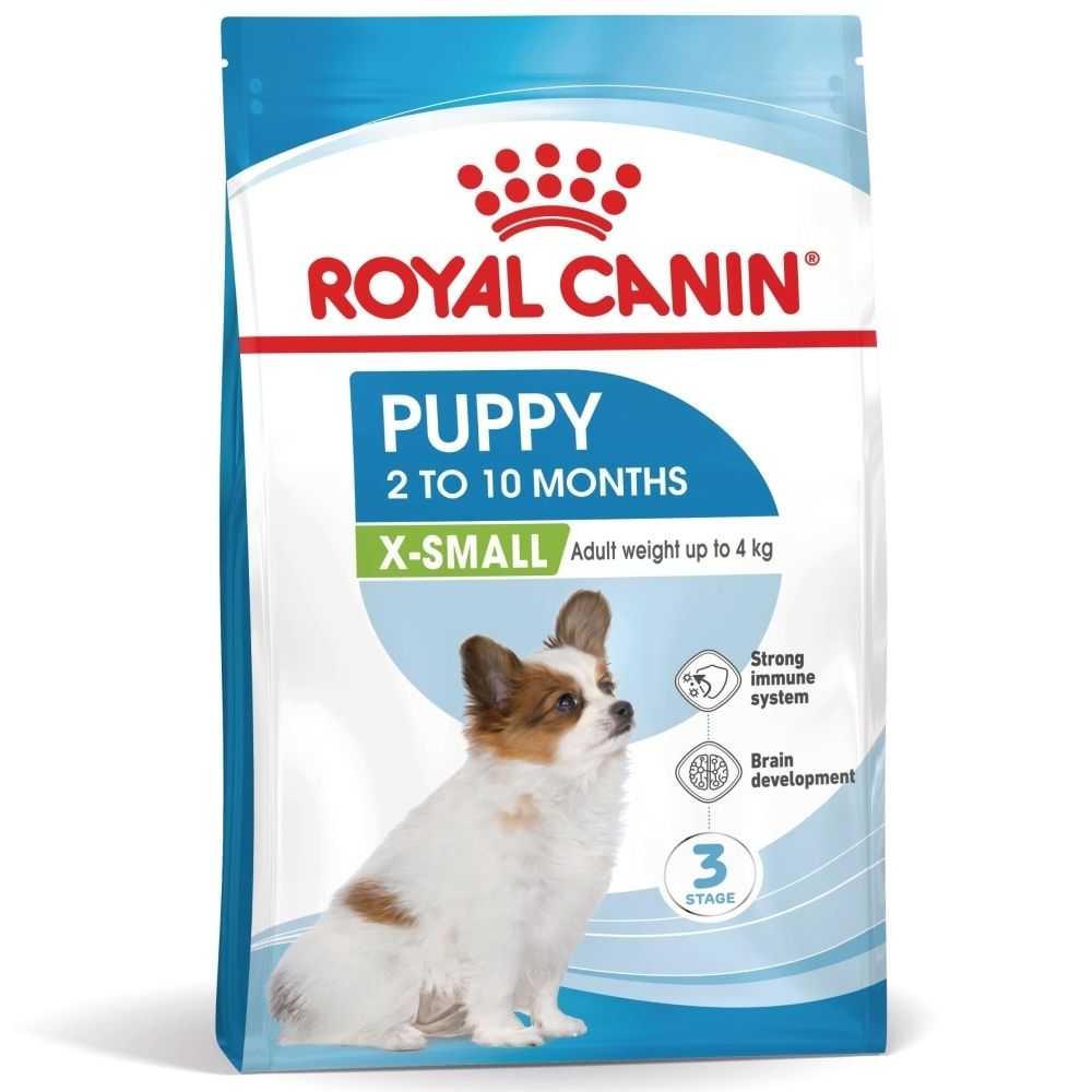Zak hondenvoer Royal Canin SHN PUPPY X-SMALL 3kg met puppyfoto en productinformatie.