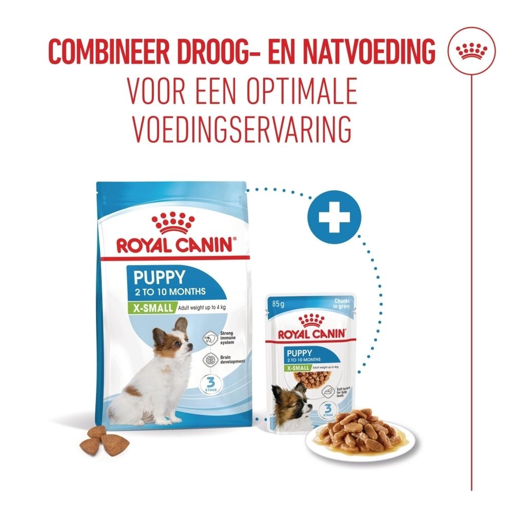 Royal Canin SHN PUPPY X-SMALL voer: zak en bakje natvoer voor puppy's.