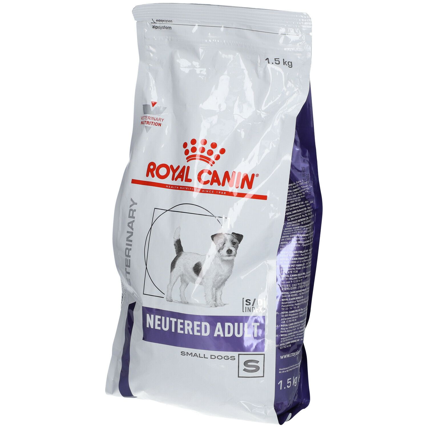 Zak droogvoer voor gesteriliseerde kleine honden. Merk Royal Canin, 1,5 kg. Afbeelding van een hond. Tekst: Neutered Adult Small Dogs.