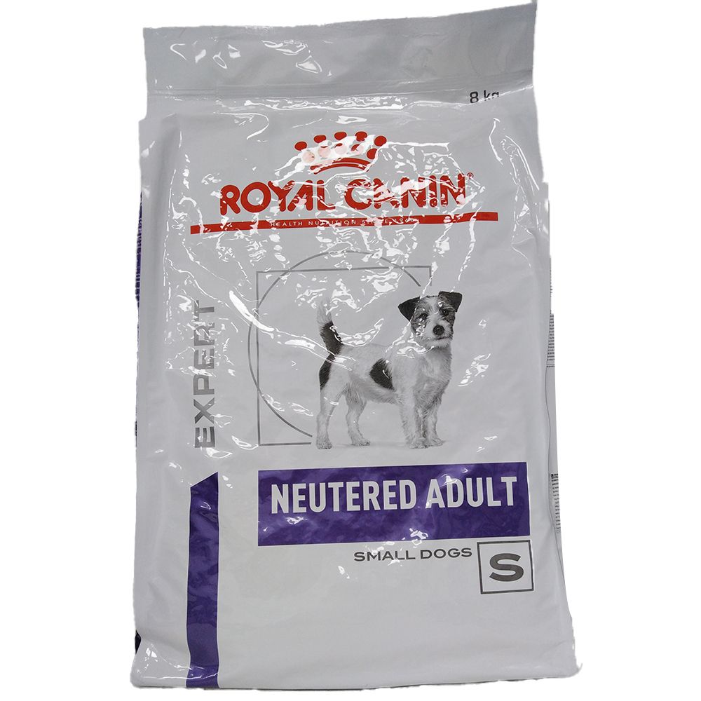 Sac ROYAL CANIN Veterinary Adult. Inscription : EXPERT, NEUTERED ADULT, SMALL DOGS, S. Illustration d'un chien.