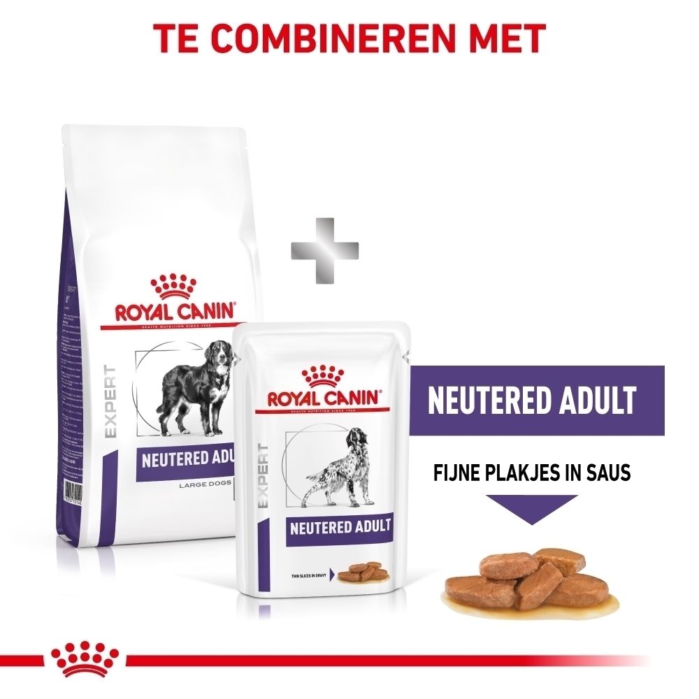 Royal Canin voer voor gesteriliseerde volwassen honden: zak droogvoer en zakje natvoer met stukjes in saus.
