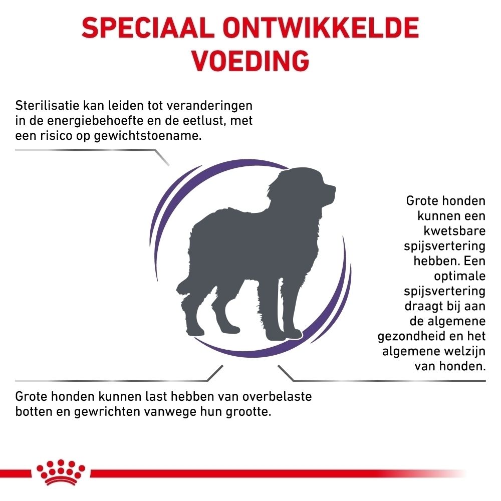 Silhouet van een grote hond met tekst over speciale hondenvoeding en gezondheid.