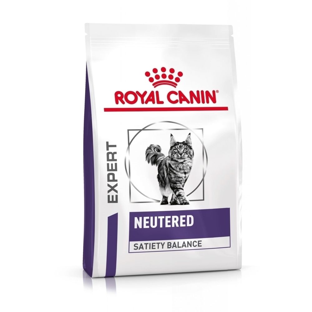 Sac blanc d'aliments pour chats avec logo bleu et rouge. Indique 'NEUTERED SATIETY BALANCE' et un chat stylisé.