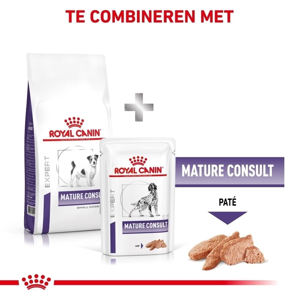 Achterkant van een zak Royal Canin Mature Consult hondenvoer.