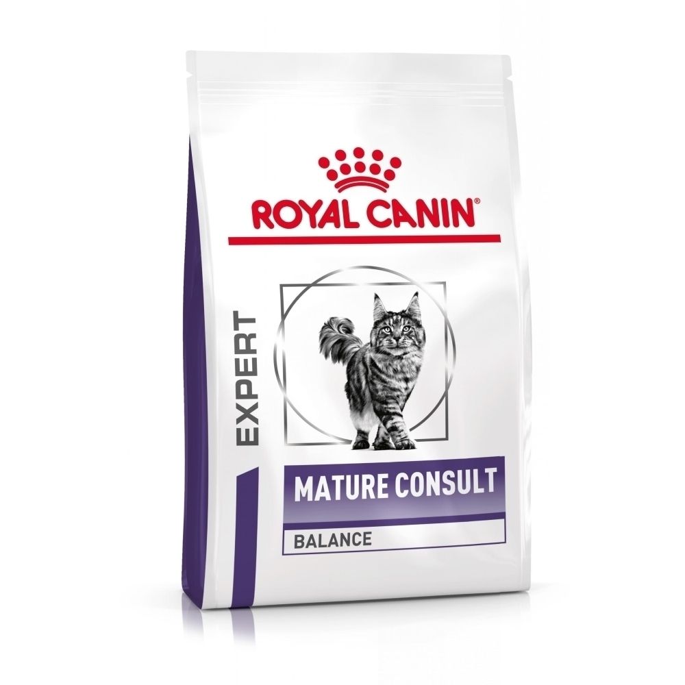 Avant d'un sac Royal Canin VET Mature Consult Balance avec image de chat.