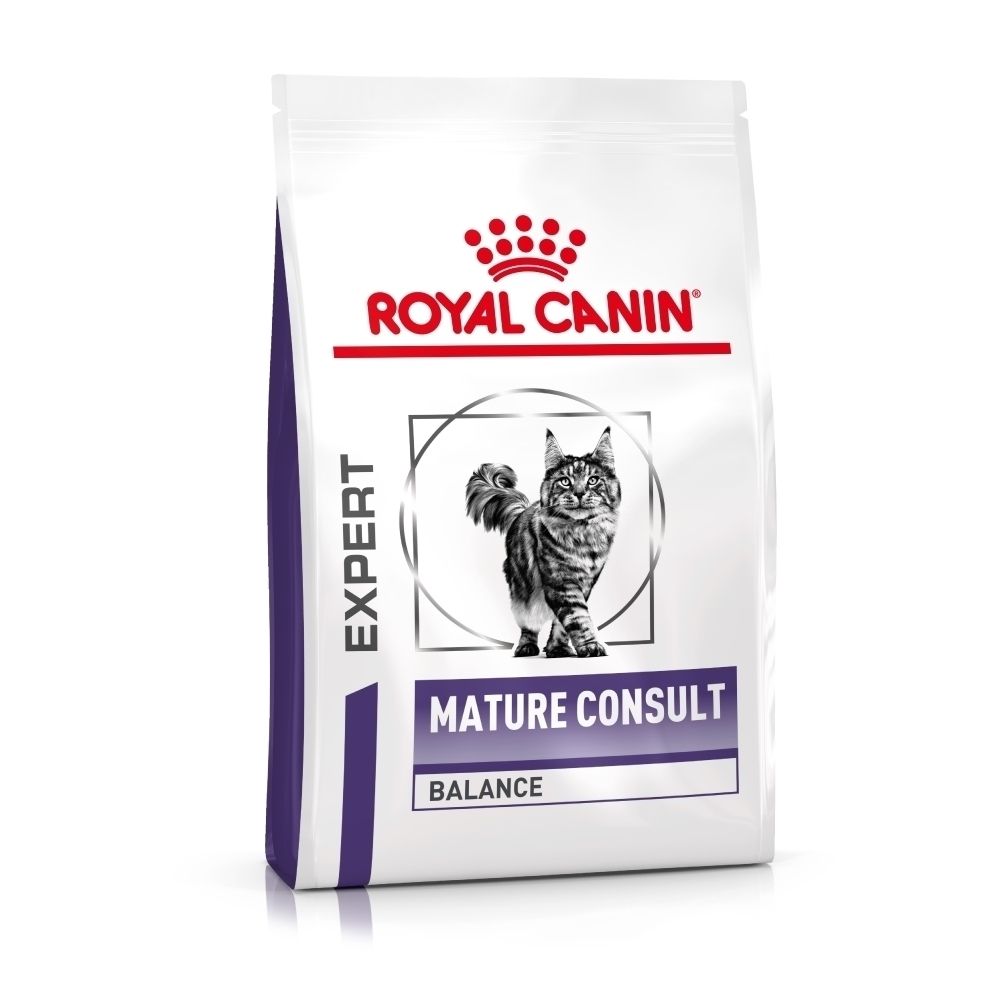 Voorkant van een zak Royal Canin VET Mature Consult Balance met kattenafbeelding.