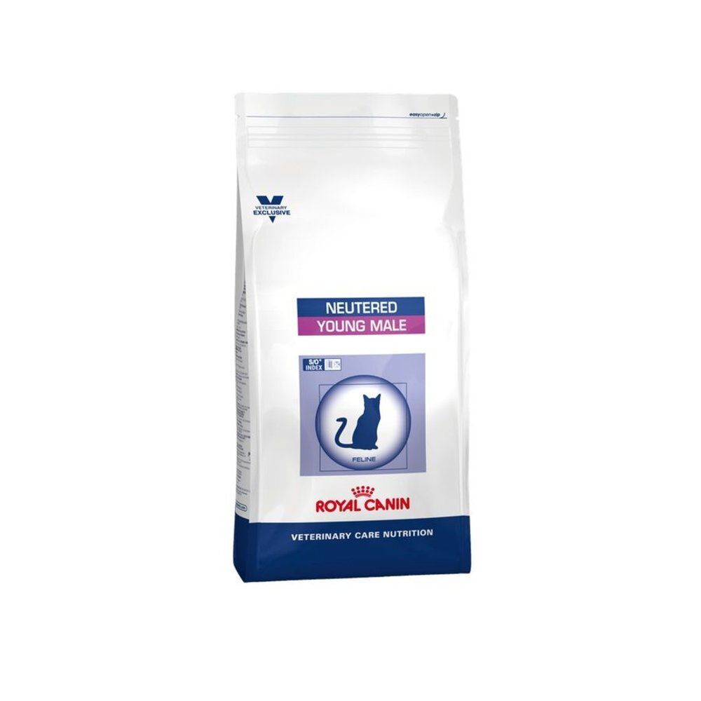 Verpakking kattenvoer. Opschrift: Neutered Young Male. Logo: kat. Merk: Royal Canin. Veterinary Care Nutrition.